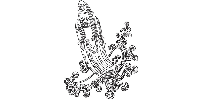 Illustration of a rocket blasting off into space